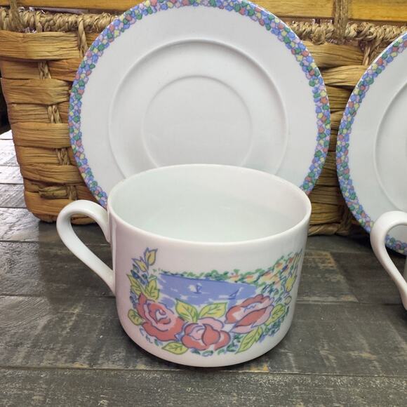 ALPAC Vintage Porcelain Large Cups And Saucers With Floral & Water Depiction - Picture 2 of 11